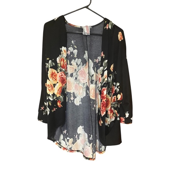 Mauve Black and Floral Print Long Sleeve High Low Kimono Size Large - Picture 1 of 7